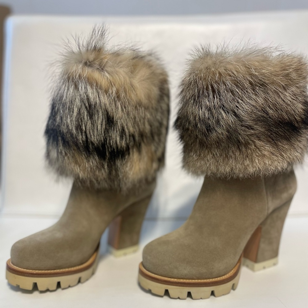 New Prada suede fur-cuff mid-calf boot, Deserto